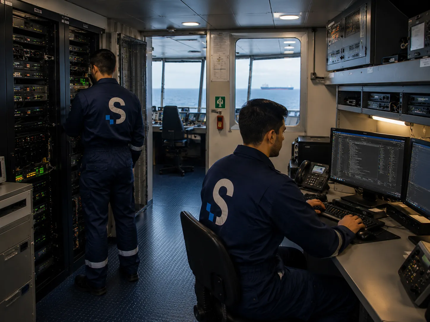 Simplefy team members collaborating on the bridge of a shipping vessel