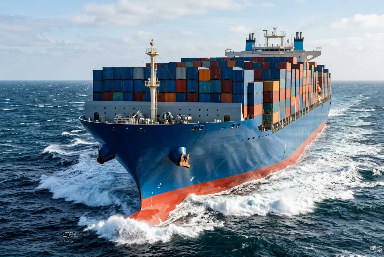 The bow of a large container ship cutting through ocean waters