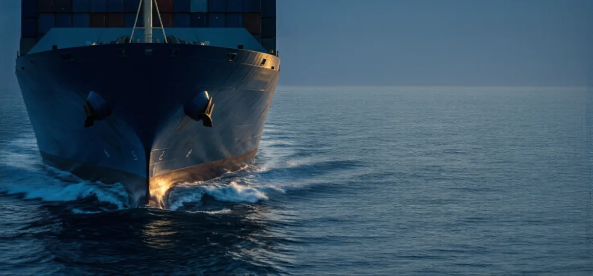 The bow of a large container ship cutting through ocean waters